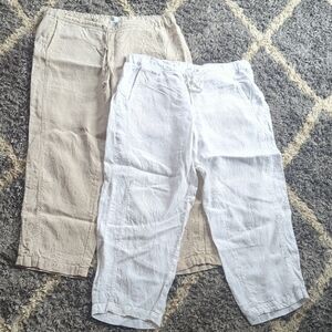J. Jill Love Linen Capri Pant Bundle Khaki And White Elastic Waist Size Womens L